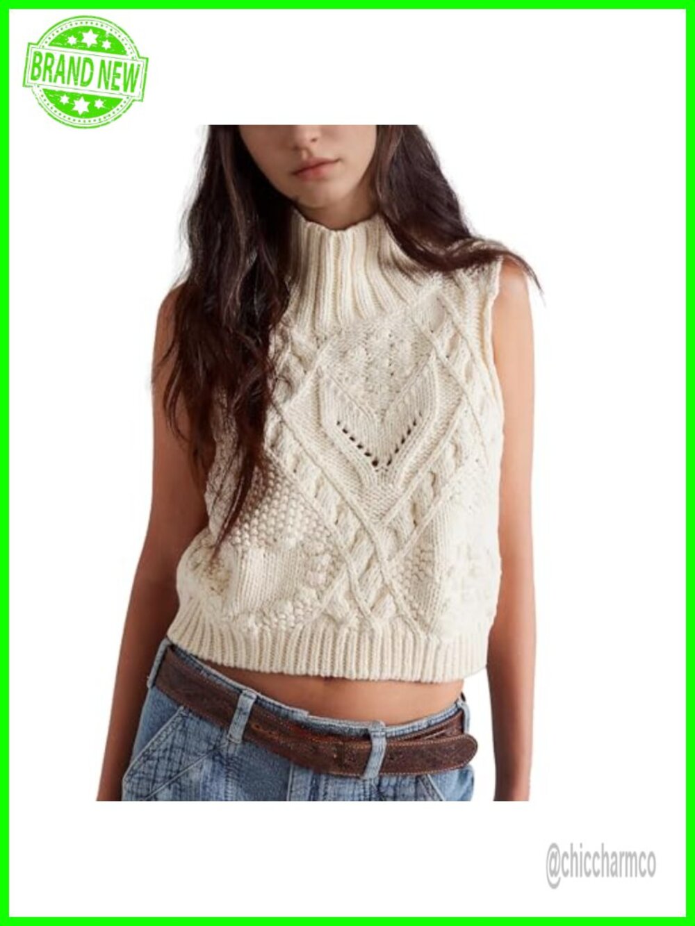 Crochet Sleeveless Turtleneck Sweater Vest Women Knit Relaxed Fit Top